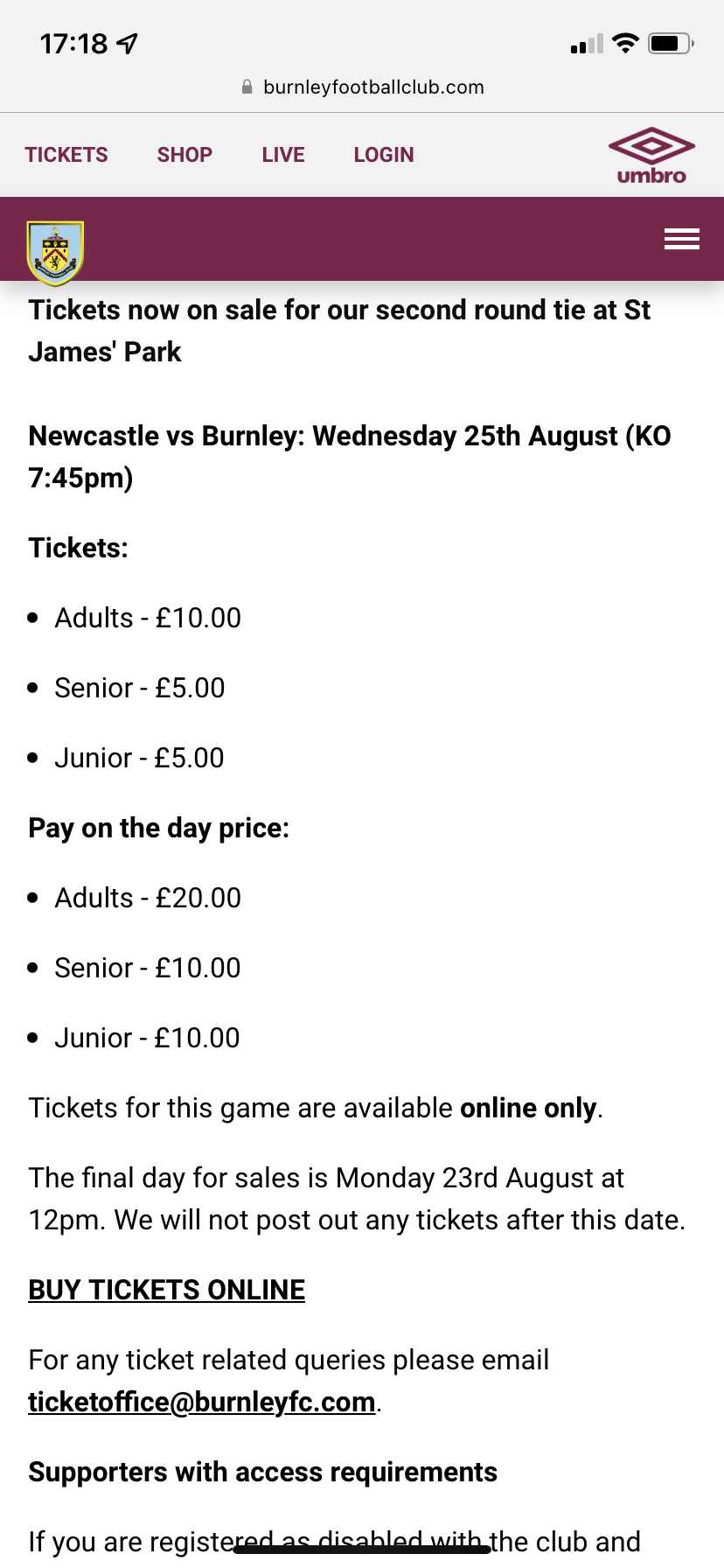 Newcastle vs Burnley Round 2 21/22